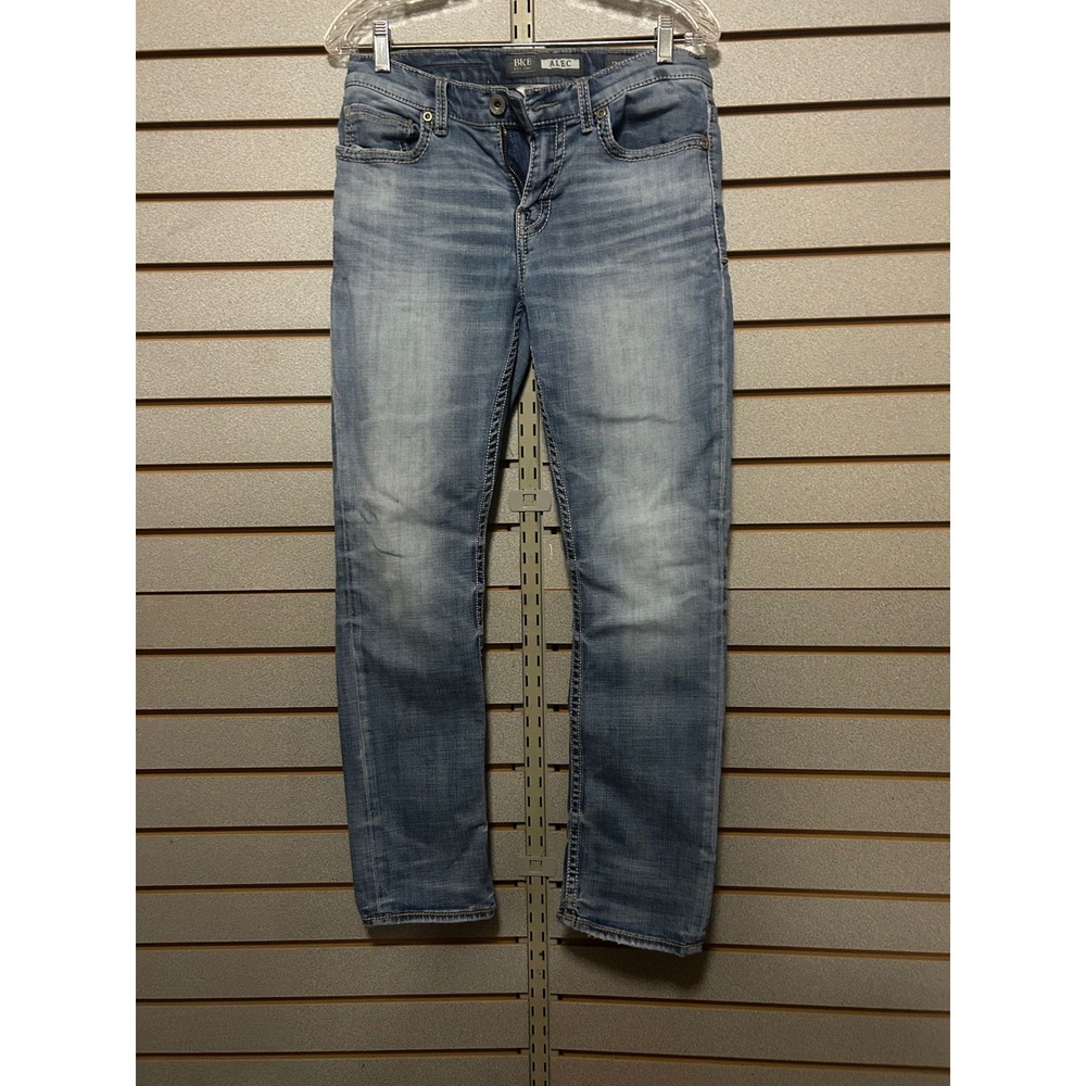 BKE Alec Straight Leg Jeans Mens 31S Light Wash Blue Faded Distressed Denim